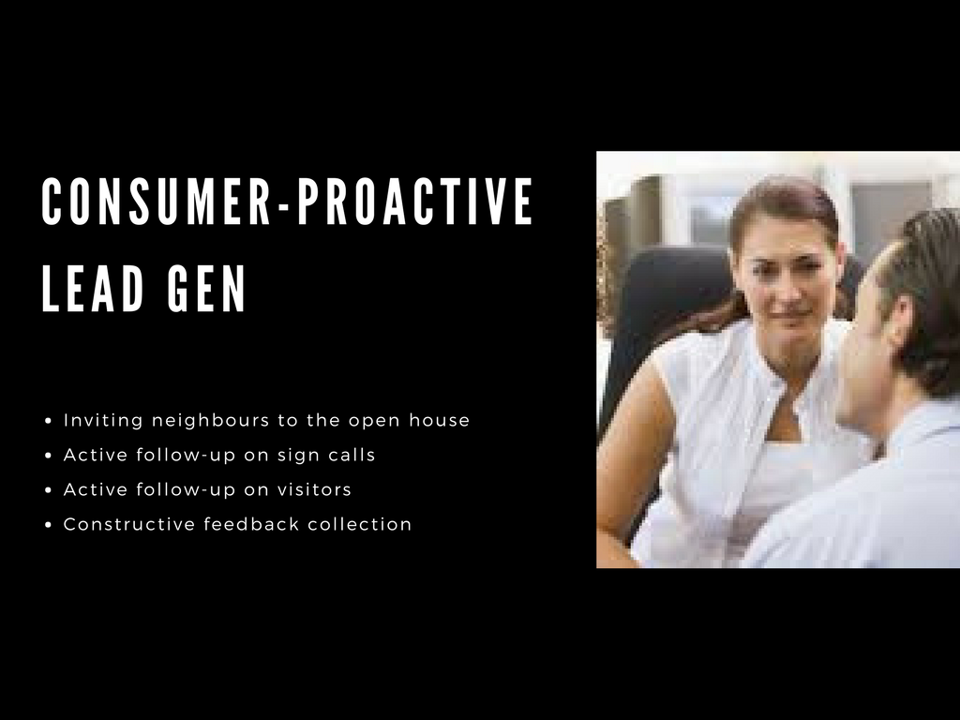 Consumer lead generation - inviting neighbours to the open house, active follow up on sign calls and visitors, constructive feedback collection.